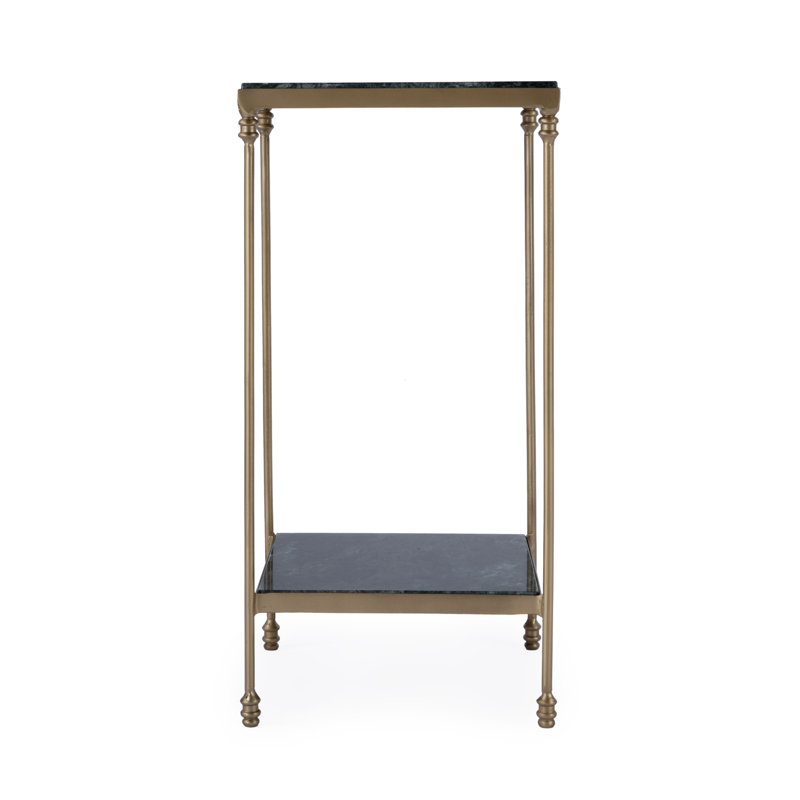 Table de bout carrée en marbre et fer vert et doré 24 po avec tablette