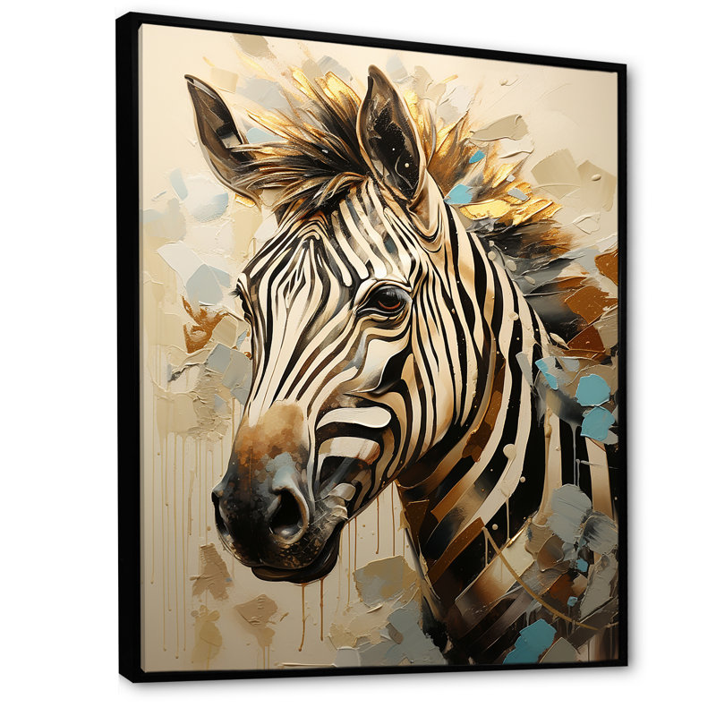 «Beige et or», impression zèbre sur toile, Cadre flottant noir, H 44 po x l 34 po x P 1,5 po
