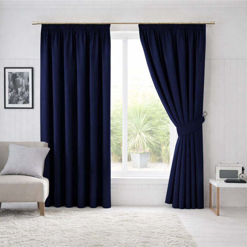 260 GSM Blackout Pencil Pleated Thermal Curtain (Set Of 2), 117cm Width x 137cm Drop, Navy