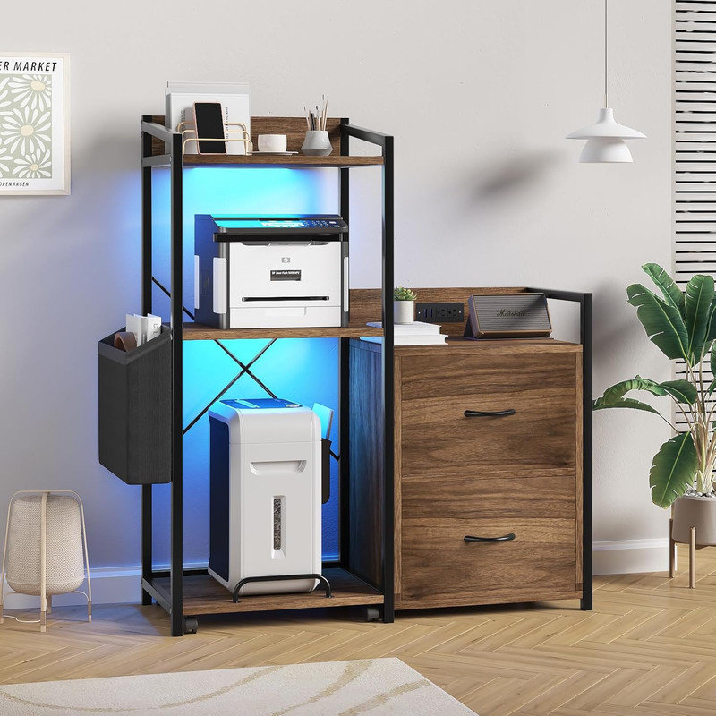Classeur à 2 tiroirs avec multiprise et lumières DEL, support pour imprimante multifonction pour bureau personnel, Brun