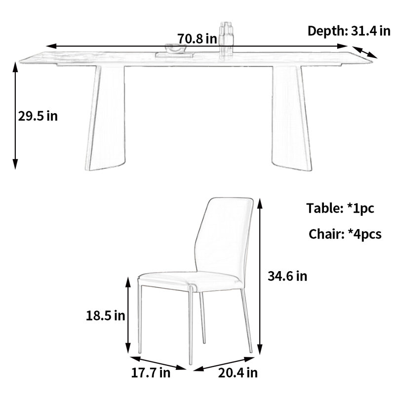 Petite table et chaises sophistiquées, H 29,5 po x L 70,8 po x l 31,4 po