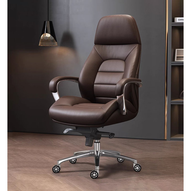 Leather Office Chair with Aluminum Alloy Base and Fixed Armrests