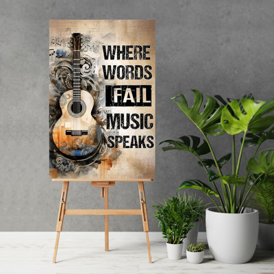 Guitar On Brown Melody Background - Where Words Fa " Guitar on brown melody background - where words fail music speaks " Graphic Art Print