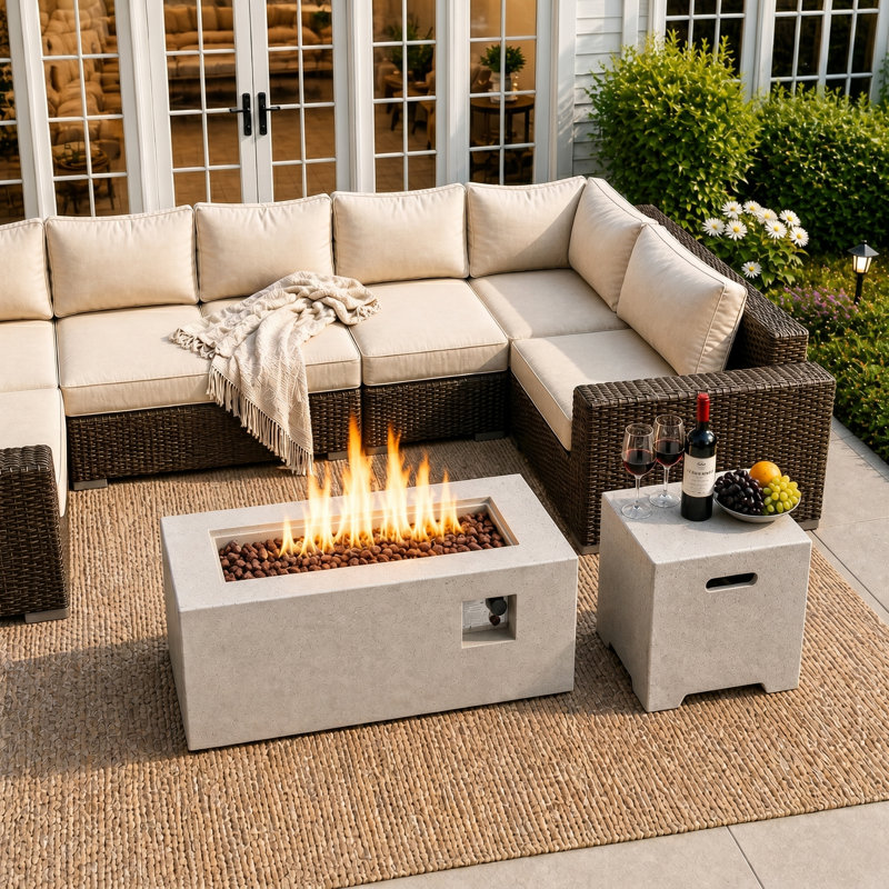 Ensemble de table de foyer d'extérieur au propane 40 000 BTU avec couvercle de réservoir, Beige