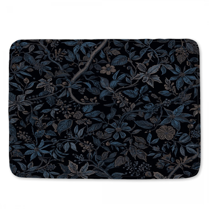 Dark Blue Floral Pattern Bath Mat, 24in W x 17in L