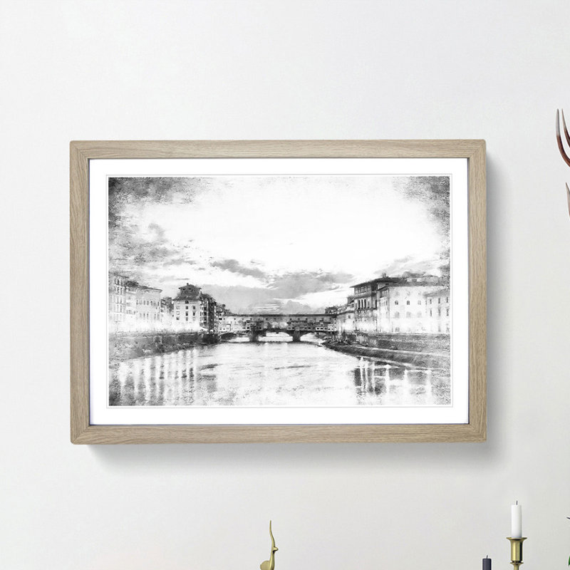 Ponte Vecchio Bridge In Florence Italy - Single Picture Frame Painting on MDF, Oak Framed, 45cm H x 63cm W x 2cm D