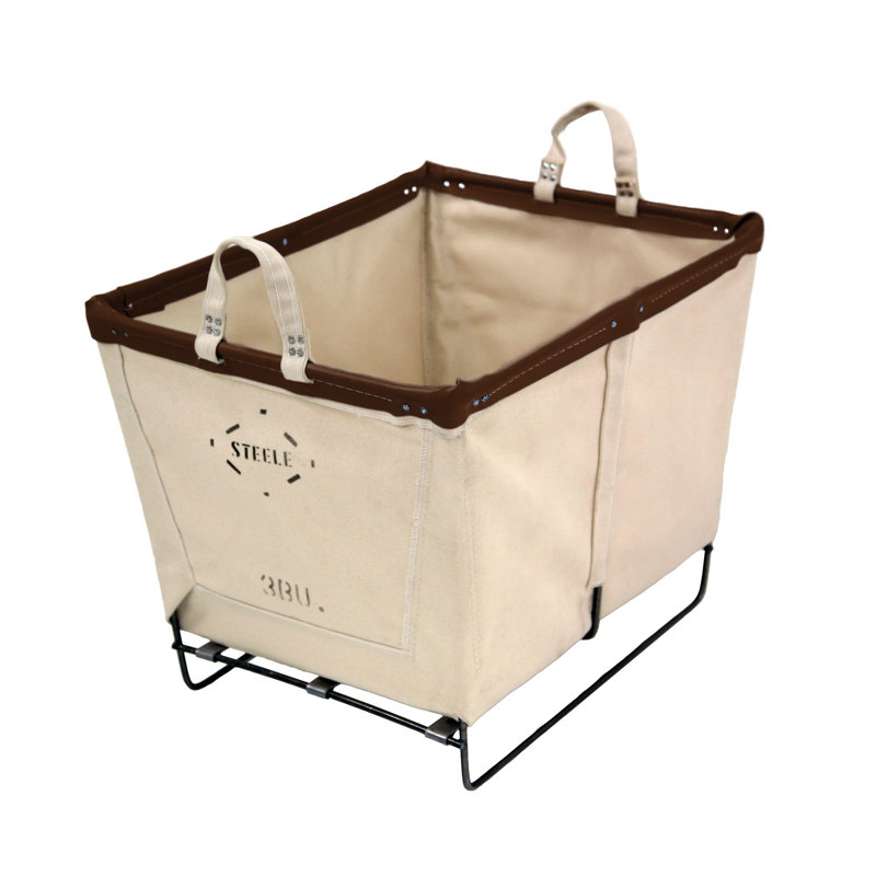 Canvas Small Carry Basket - 3 Bu, Brown Leather, Steel Runners