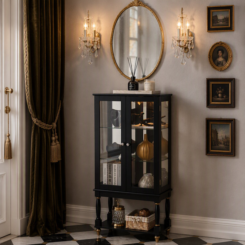 Vitrine lumineuse Curio Cabinet avec espace de rangement ouvert, pieds en bois massif, Noir/transparent