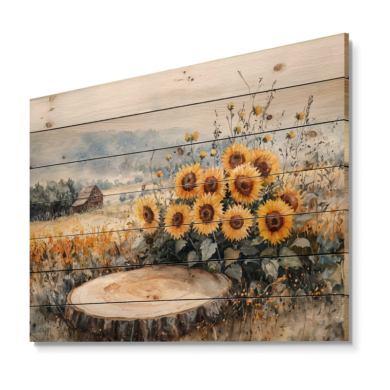Sunflowers Landscape At The Barn - Sunflowers Wood Wall Decor - On Natural Pine Wood, 30" H x 40" W x 0.78" D