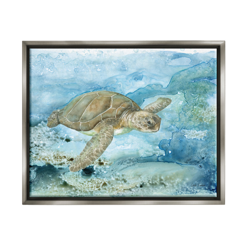 «Modern Sea Turtle Splash» par Leslie Trimbach, H 25 po x l 31 po x P 1,7 po, Cadre flottant noir de jais