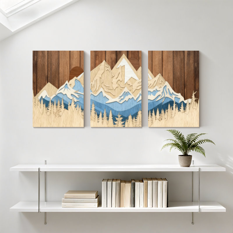 «Landscape & Nature Mountain Forest Sky Reflection Wood Art Design», ensemble de 3 impressions sur toile, H 24 po x l 48 po