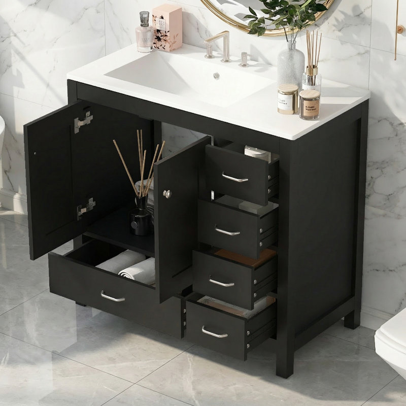 36 inch Bathroom Vanity with Sink, Featuring 2 Soft-Close Doors and 5 Drawers - EPA/UPC Certified, Black