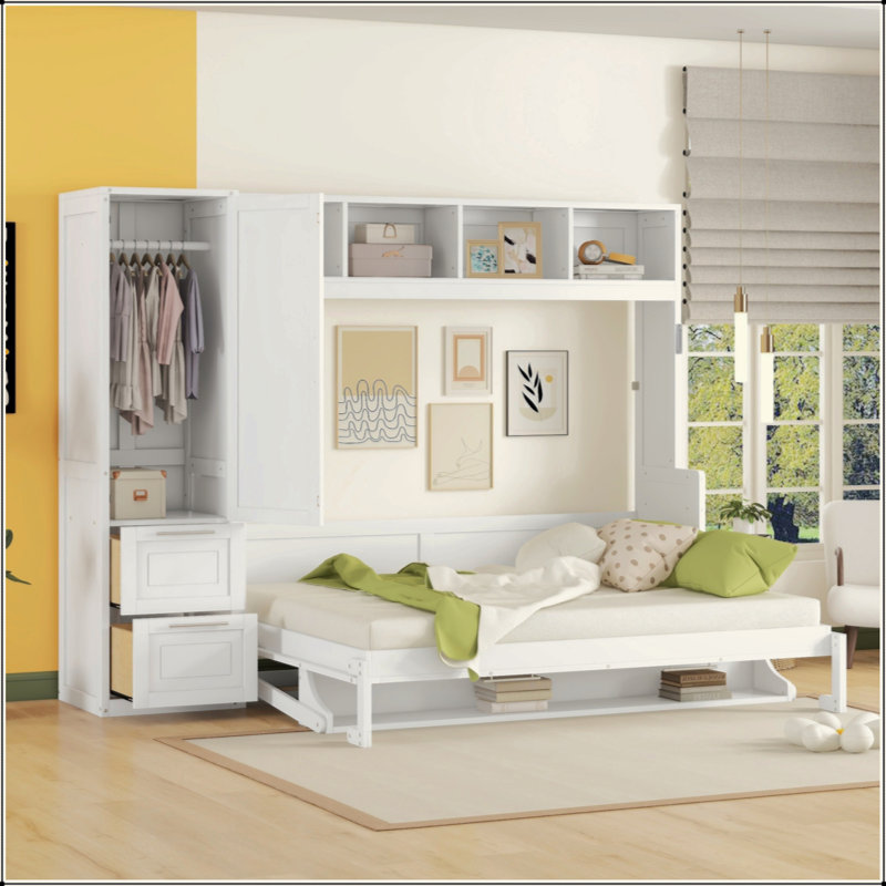 Lit escamotable Murphy avec placard et tiroirs, Blanc
