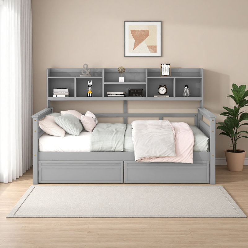 Full Size Daybed, Wood Slat Support, With Bedside Shelf And Two Drawers, Grey