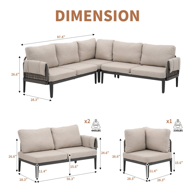 Ensemble de conversation modulaire en aluminium 3 pièces