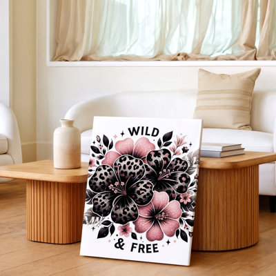 Wild and Free Floral Leopard Hibiscus Pink Black Glitter Canvas Wall Art Print, Black Pink Floral Decorative Artwork for Home Decor, Bedroom, Living Room, Office, Gallery Wall Accent