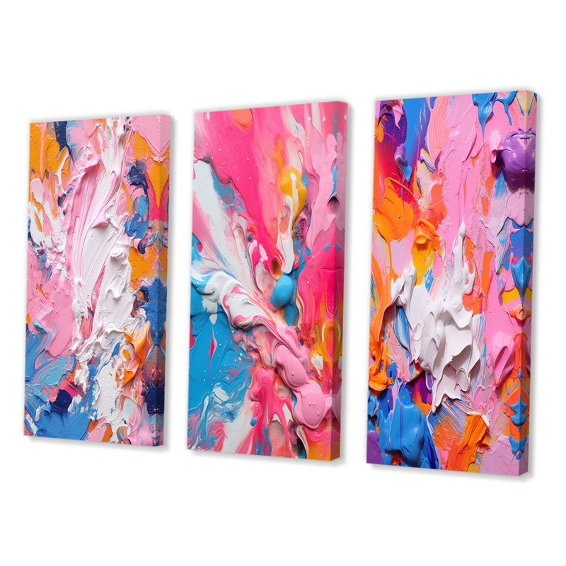 "Explosions roses et blanches de couleur", 3 pièces sur toile, Toile tendue, H 40 po x l 60 po