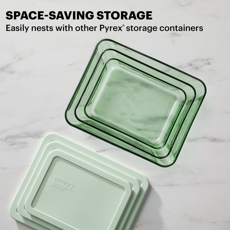 Pyrex Simply Store Tinted 6-Piece Rectangular Glass Storage Container Set with Green Lids (3 Containers with 3 Lids)