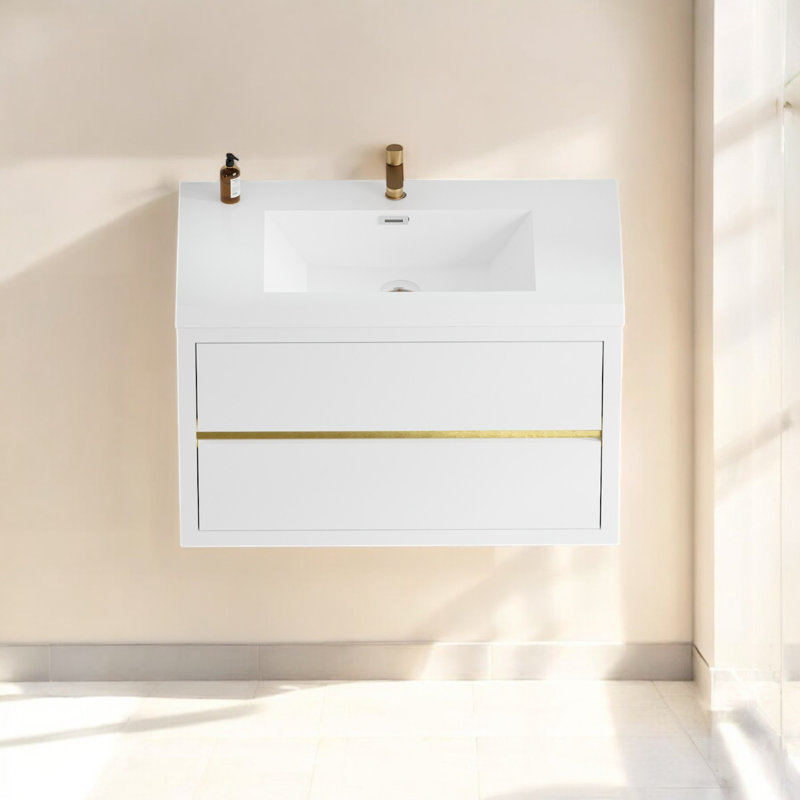 Meuble-lavabo mural simple 36 po avec plateau en résine Kaushal, Blanc lustré