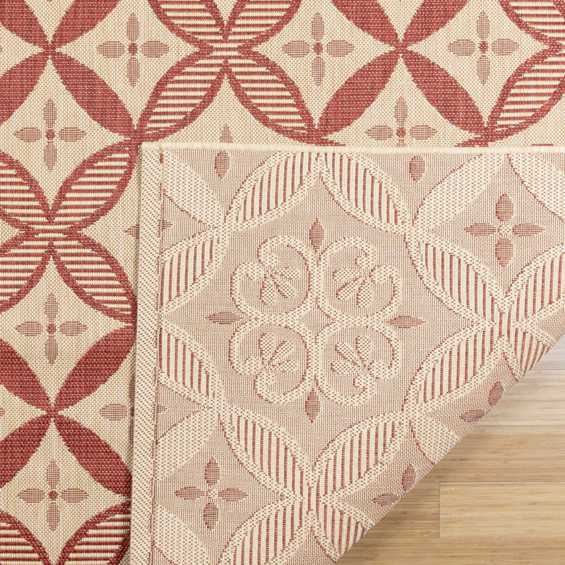 Paseo Gurseerit All-Weather Flatweave Indoor/Outdoor Area Rug, Red Beige Medallion Checkered – Patio, Deck, Porch & Living Room - Red, 9x13