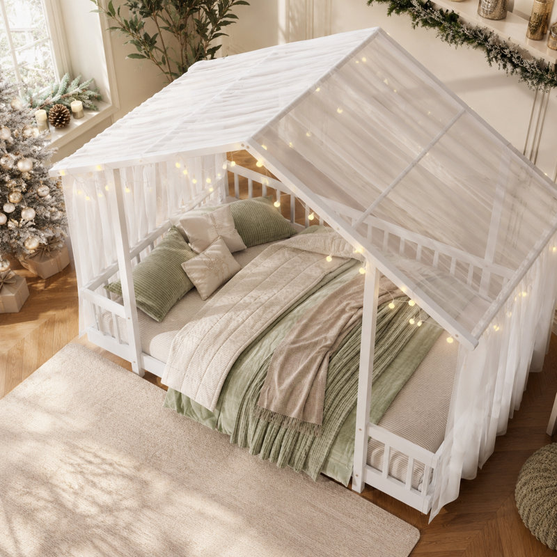Lit cabane complet avec baldaquin, guirlande lumineuse et barrières de sécurité, lit plateforme en bois pour enfants avec sommier à lattes, sans sommier tapissier nécessaire