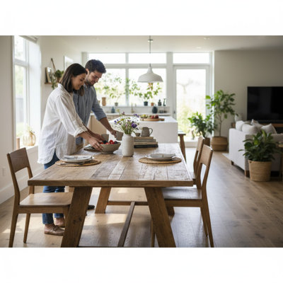 Acacia Solid Wood Dining Table - Unfinished Reclaimed Wood Rustic Furniture, Hand Finished Sturdy Kitchen & Dining Table