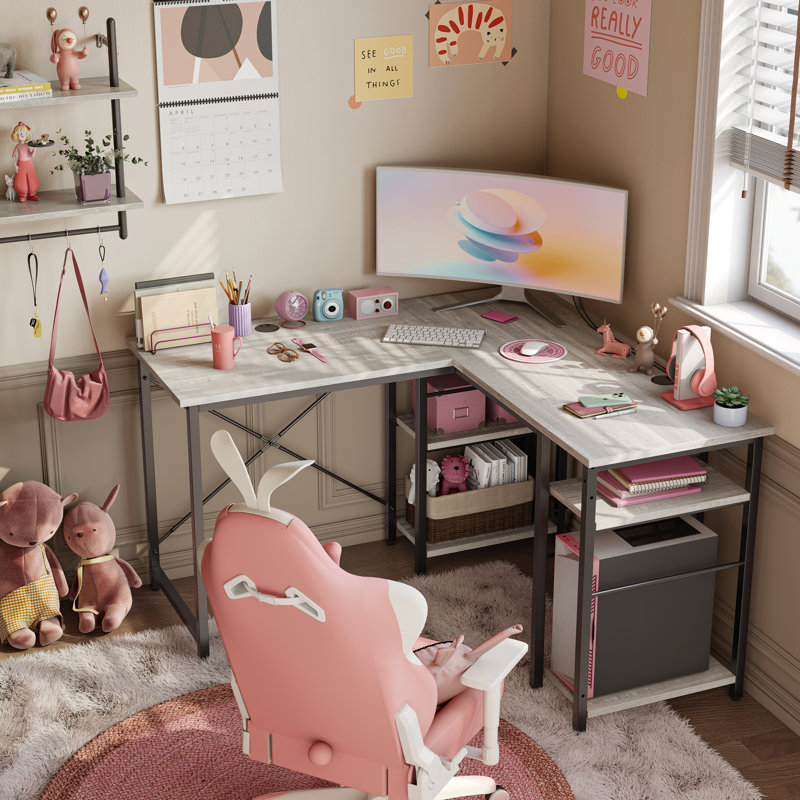 Aaleeyah L Shaped Farmhouse Computer Desk, 75 Inch Reversible Corner Office Desk with Shelves, Light Grey