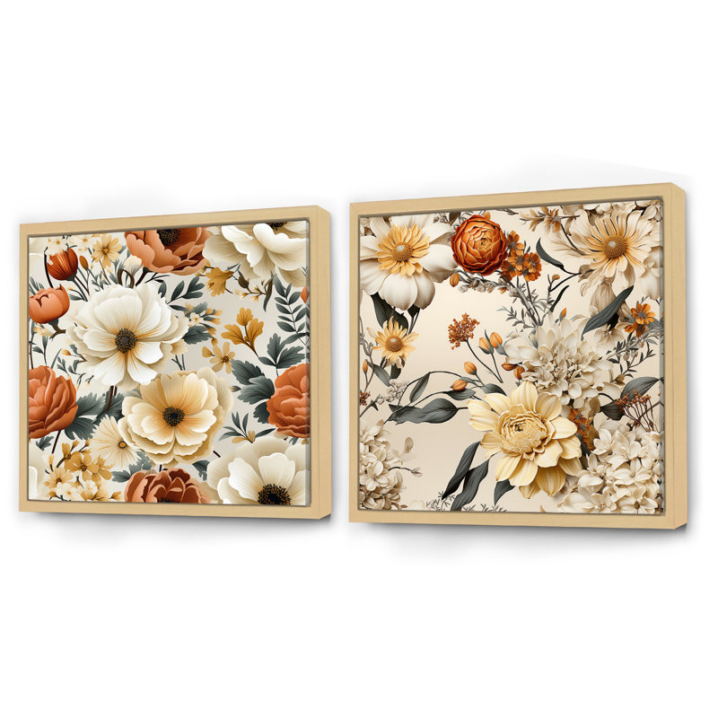 Rillie - Ensemble de 2 collages carrés floraux, Cadre flottant brun, H 36 po x l 73 po
