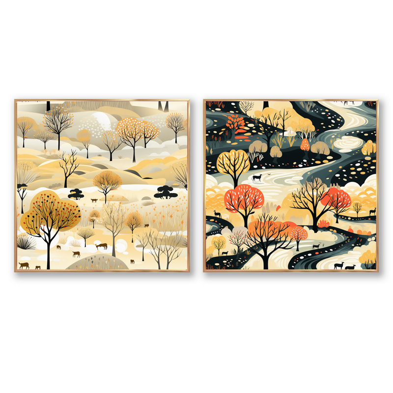 Beige et crème Safari Adventure Tree Landscape, Cadre flottant doré, H 36 po x l 73 po