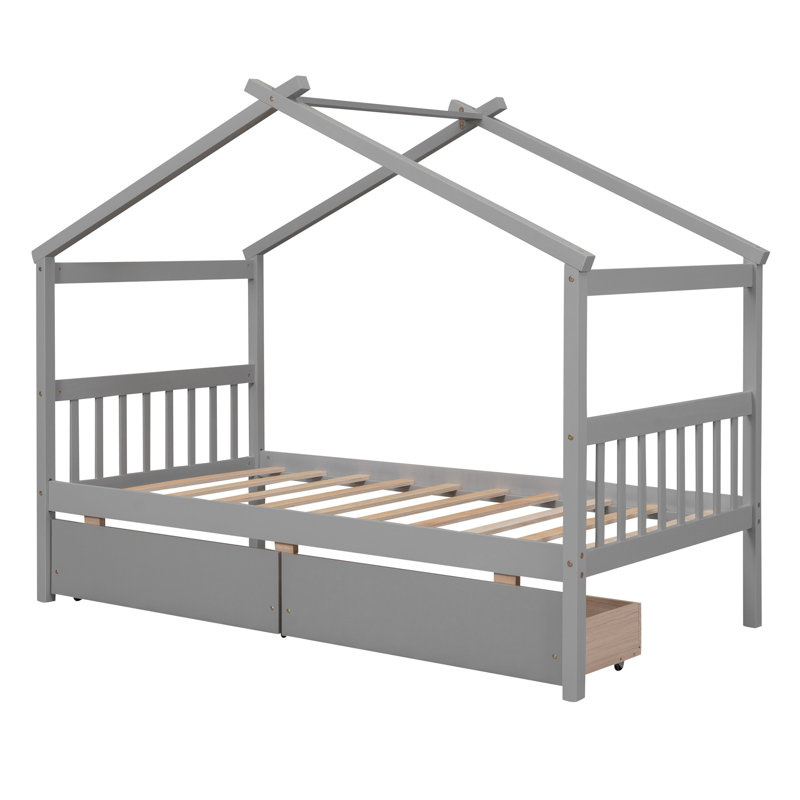 Lit maison en bois avec tiroirs, naturel, Noyer, Simple