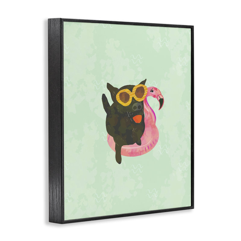 Jet Dog with Beach Floaty, estampe numérique, design par Dina Riddle, H 14 po x l 11 po, Giclée encadrée noir minuit
