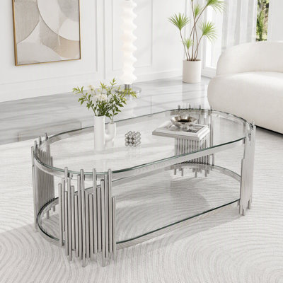 Table basse argentée de luxe avec étagères à deux niveaux en verre trempé, table centrale ovale moderne pour salon, structure en acier inoxydable poli
