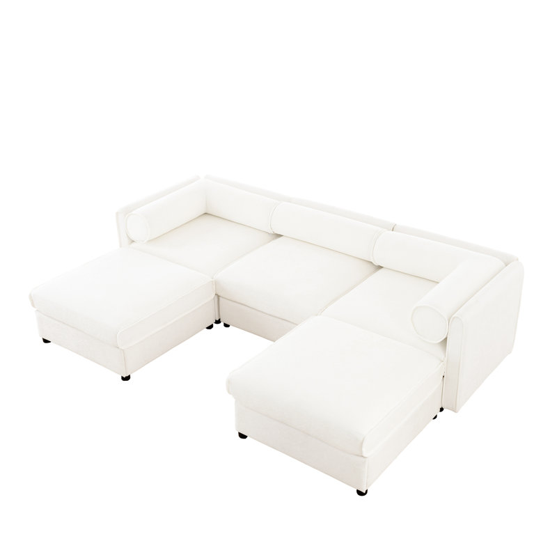 Canapé modulaire en chenille 3 places avec 2 repose-pieds Hamza Hamza, Chenille blanche
