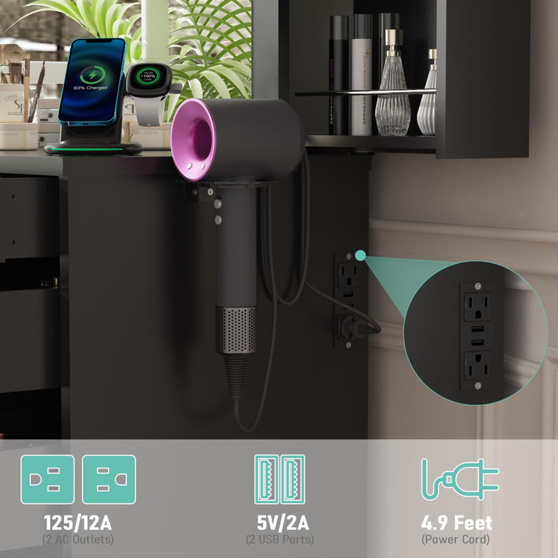 Coiffeuse avec miroir, 11 tiroirs, station de charge, 3 modes d'éclairage, Noir, noir, noir, noir