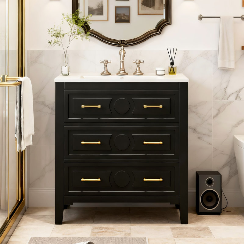 Armoire de meuble-lavabo sur pied 30 po avec lavabo en céramique - 3 tiroirs, structure en bois massif, Noir