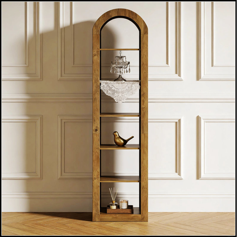 Bibliothèque rustique ouverte arquée avec 6 tablettes à niveaux pour un rangement élégant et parfait pour toute pièce