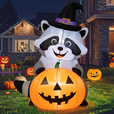 Halloween Inflatable Witch Raccoon with Pumpkin and Built-In LED Lights, Cute Blow-Up Yard Decoration for Lawn, Garden, Patio, Porch, Indoor & Outdoor Halloween Parties