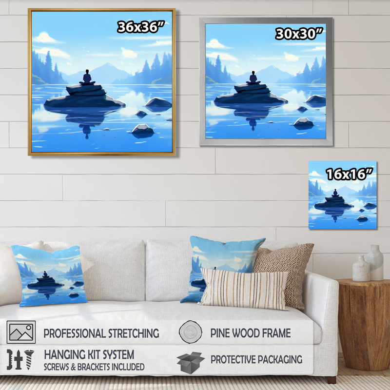 Bouddha, moine, méditation, zen bleu, Toile encadrée flottée blanche, H 36 po x l 36 po x P 1,5 po
