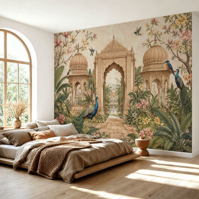 Wall Mural Peel and Stick Wallpaper Ornate Garden Peacocks Floral Archways Classical Domed Architecture Self-Adhesive Removable Contact Paper Wall Dec