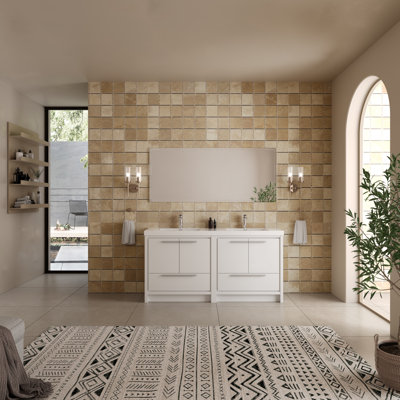72" Double Bathroom Vanity Free-Standing vanities with Gloss White Resin Stone Top,2 Drawers,4 Doors,Modern