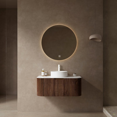 Meuble-lavabo de salle de bain 36 po avec lavabo, meuble de rangement mural à bordures courbes et flottantes avec tiroir, lavabo en céramique blanc sans robinet, pré-assemblé