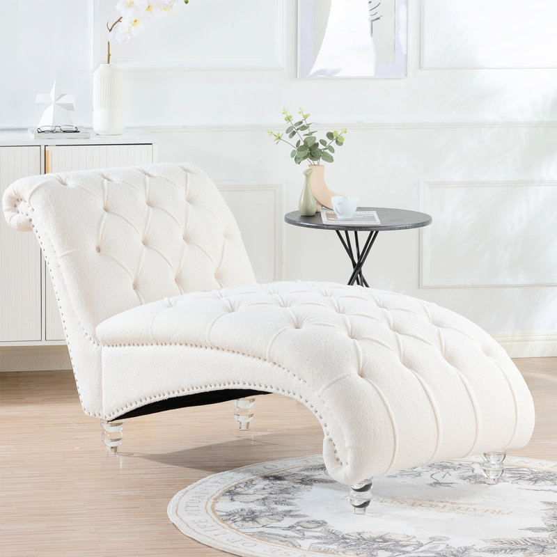 Chaise longue sans accoudoirs en blanc avec assise stable abondante, rembourrage en éponge haute et capacité de rebond élevée, technologie d'emboutissage profond, clous décoratifs à bulles, trois tissus - velours, velours PU, robuste