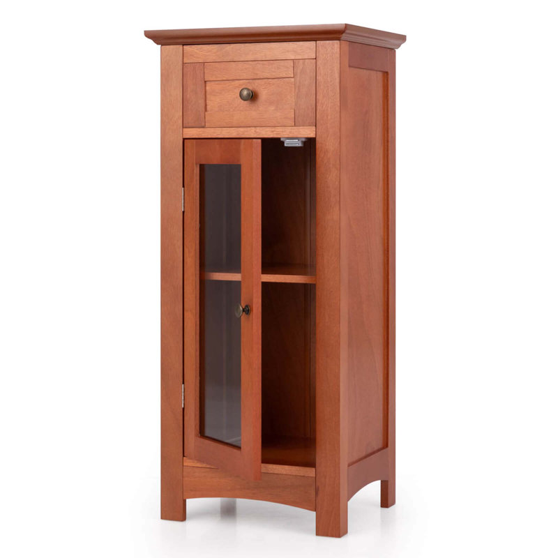 Bathroom Floor Cabinet With Single Glass Door Drawer & Adjustable Shelf, Brown