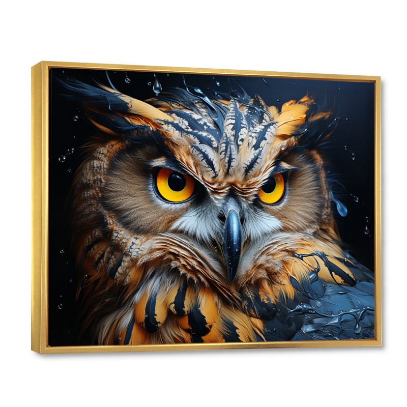 Hibou jaune hypnotisant III, H 12 po x l 20 po x P 1 po, Cadre flottant doré