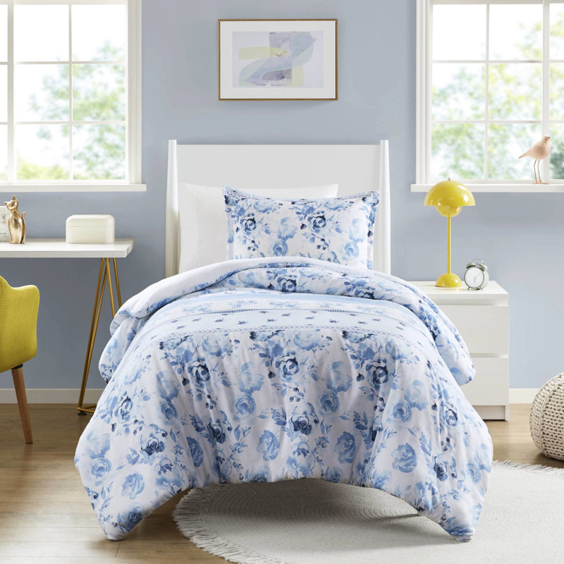 Housse de couette à rayures florales bleues double / grand, microfibre, fermeture à boutons, microfibre double / grand, bleu, cravate intérieure