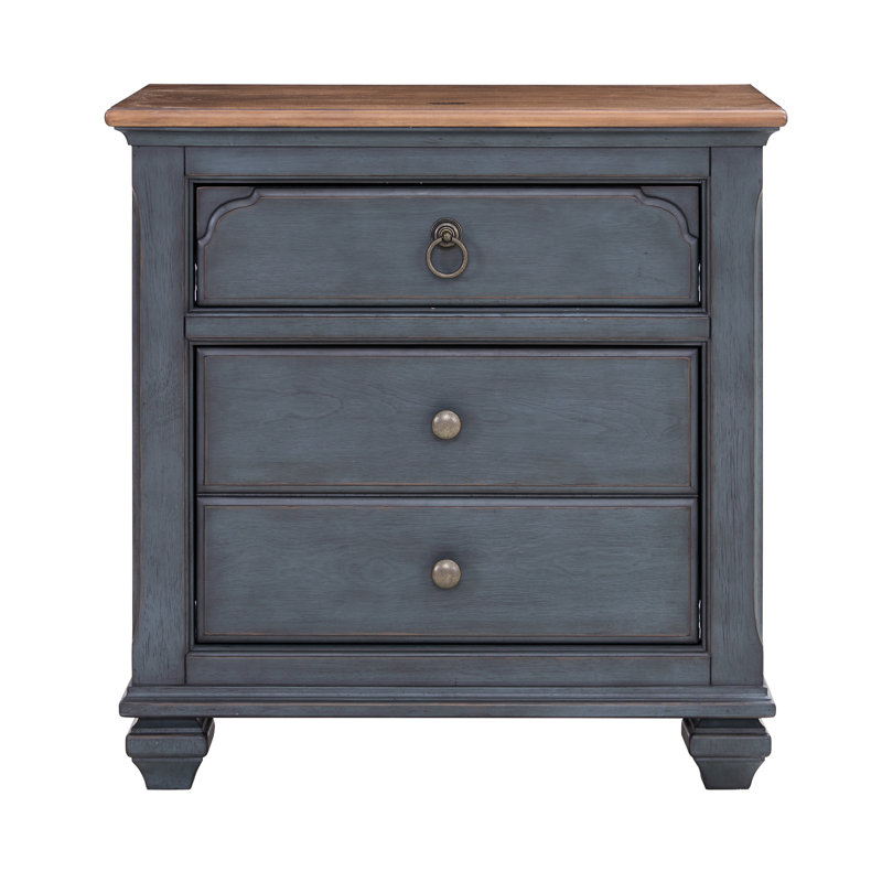 Commode de chevet en velours côtelé bleu 28 po x 18 po 28 po, 3 tiroirs, solide en caoutchouc et placages de bouleau