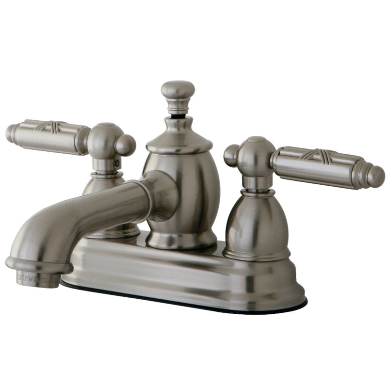 Kingston Brass Georgian Two-Handle 3-Hole Deck Mount 4" Centerset Bathroom Faucet with Brass Pop-Up, Brushed Nickel