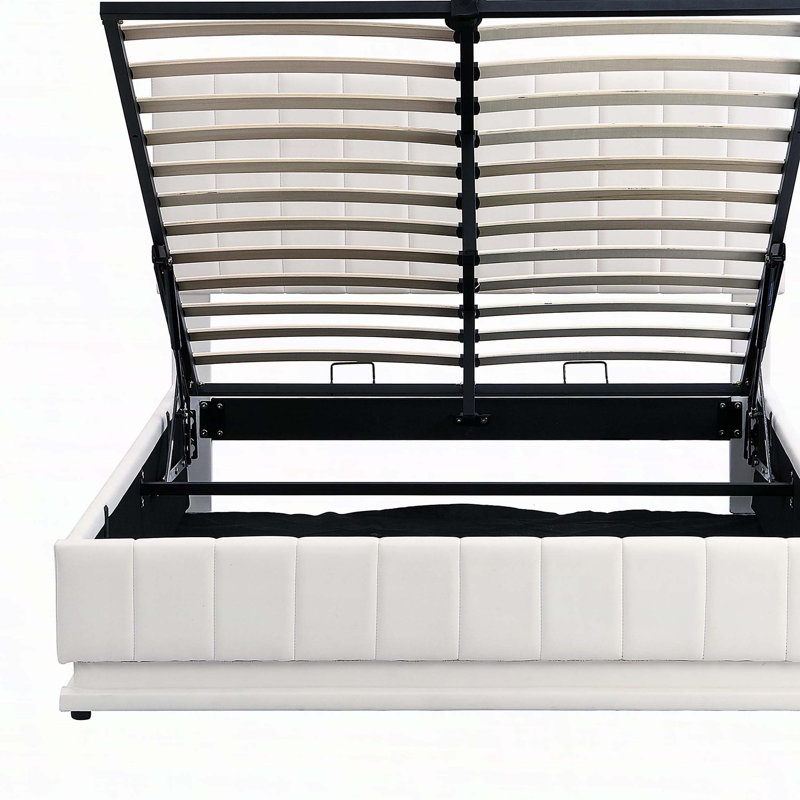 Lit tapissier double avec système de rangement hydraulique et lumière DEL, lit plateforme moderne avec prises et ports USB, blanc