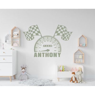 Racing Flag Speedometer Wall Decal Highway Vinyl Sticker Custom Name Track Wall Decor Kids Playroom Boys Room Wall Art Bedroom Sticker 681RS