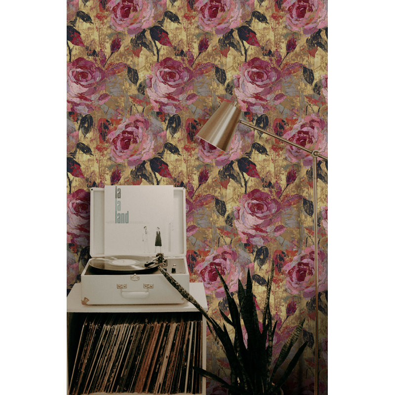 Papier peint adhésif rose rose avec feuille d'or amovible